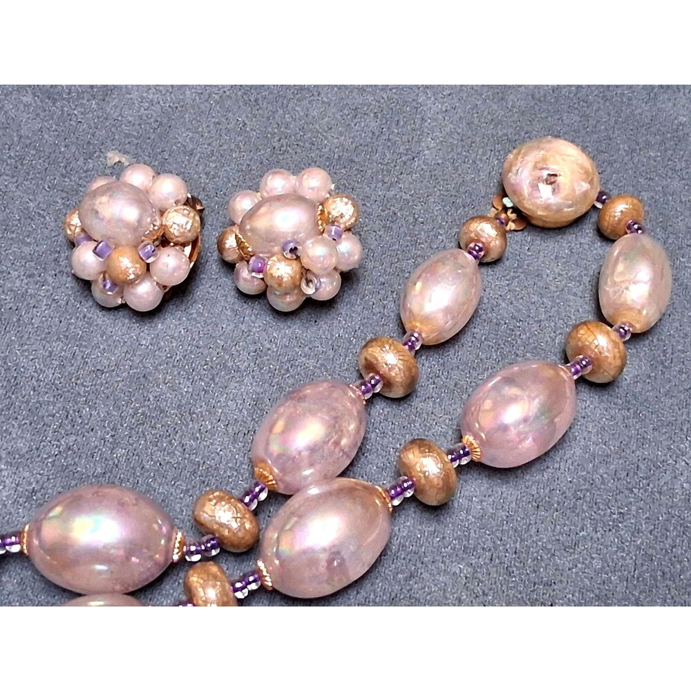 Vintage Iridescent Bead Necklace Earrings Set Japan